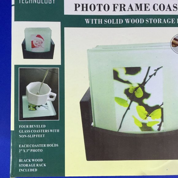 Beveled Glass Photo Frame Coasters 4 With Solid Wood Storage Rack 2" x 3" Photo - Picture 6 of 8